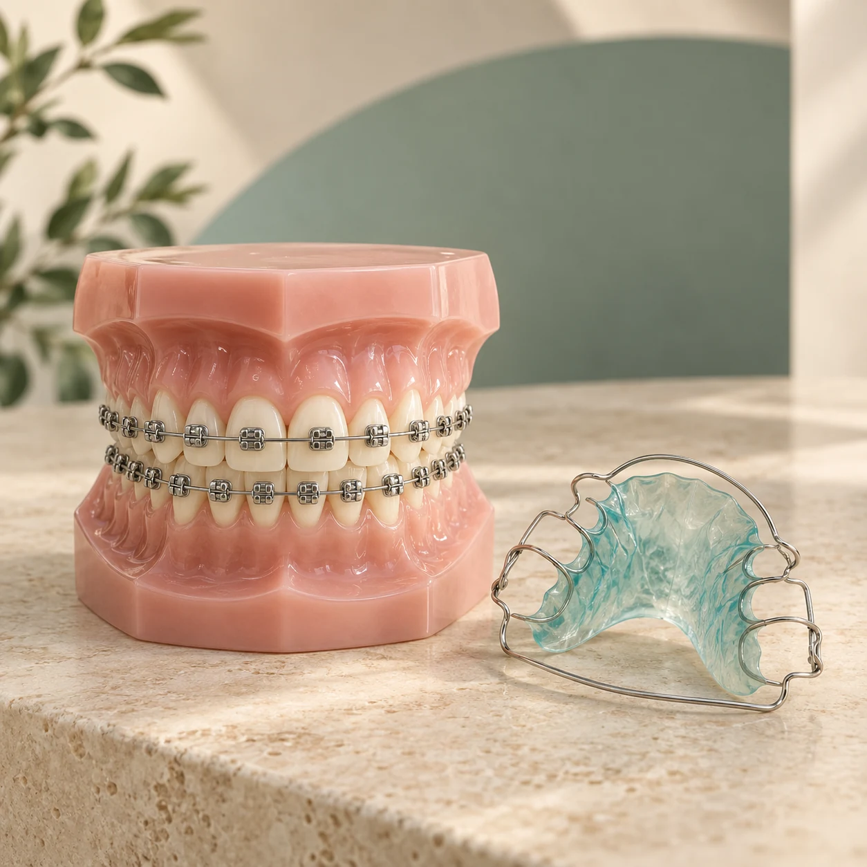Illustrative dental model with metal braces beside a removable orthodontic appliance